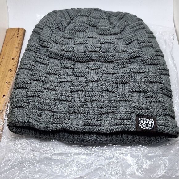 Gray knit slouchy beanie hat Thick soft fur lining unisex cap - Picture 3 of 5